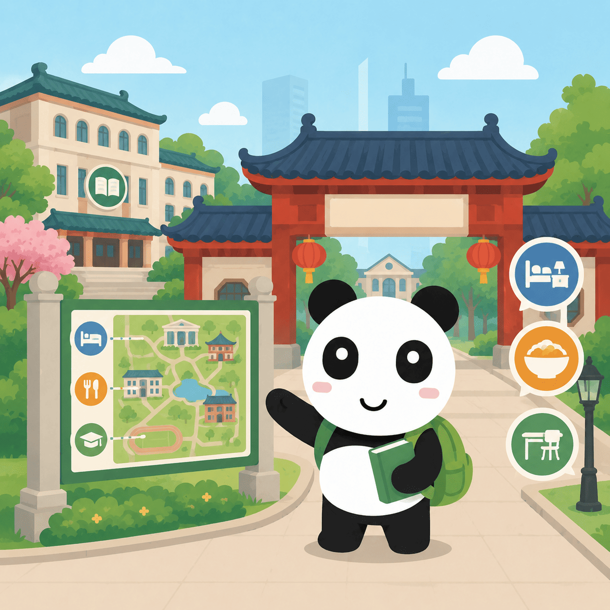 Illustration of a campus map with a student backpack and books